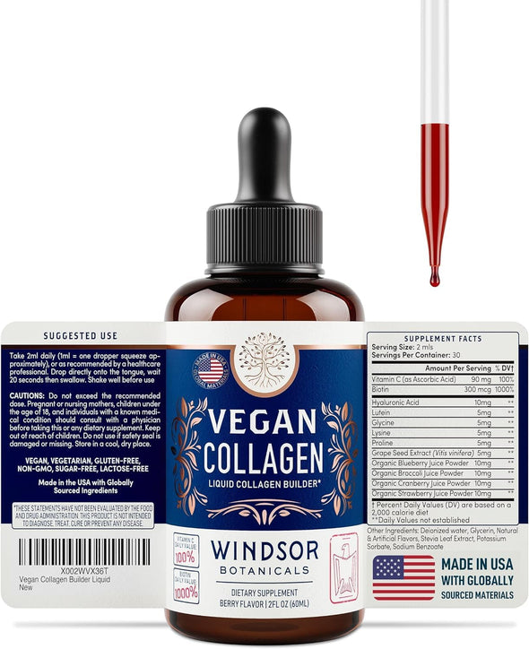 Windsor Botanicals 2-pack Vegan Collagen Liquid - Collagen Booster with Vitamin C, Biotin, Hyaluronic Acid & Amino Acids - 4 oz