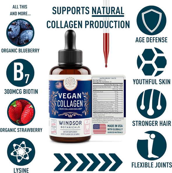 Windsor Botanicals 2-pack Vegan Collagen Liquid - Collagen Booster with Vitamin C, Biotin, Hyaluronic Acid & Amino Acids - 4 oz